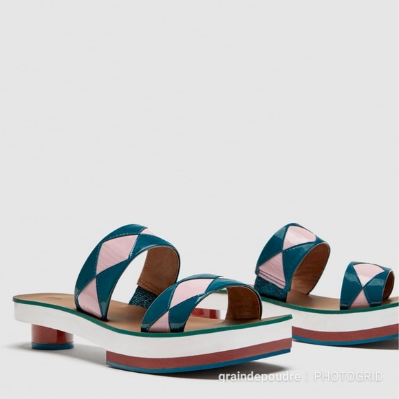 Zara Studio Patent Leather Geometric Slide Sandals 38 7.5